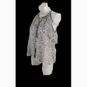 Rebecca Taylor Small 4 Snow Leopard 100% Silk Ruffle Tank White Silver Gray